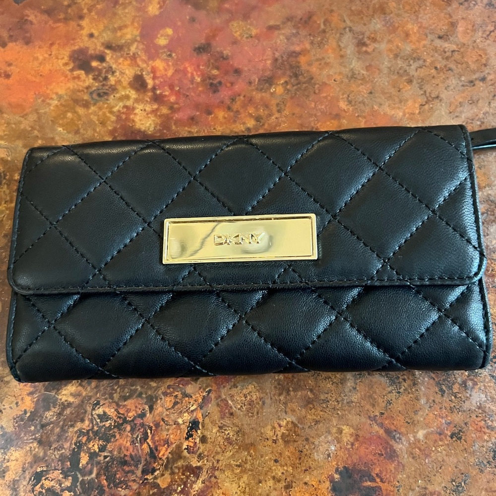 DKNY Black Quilted Leather Wallet with Gold Accents